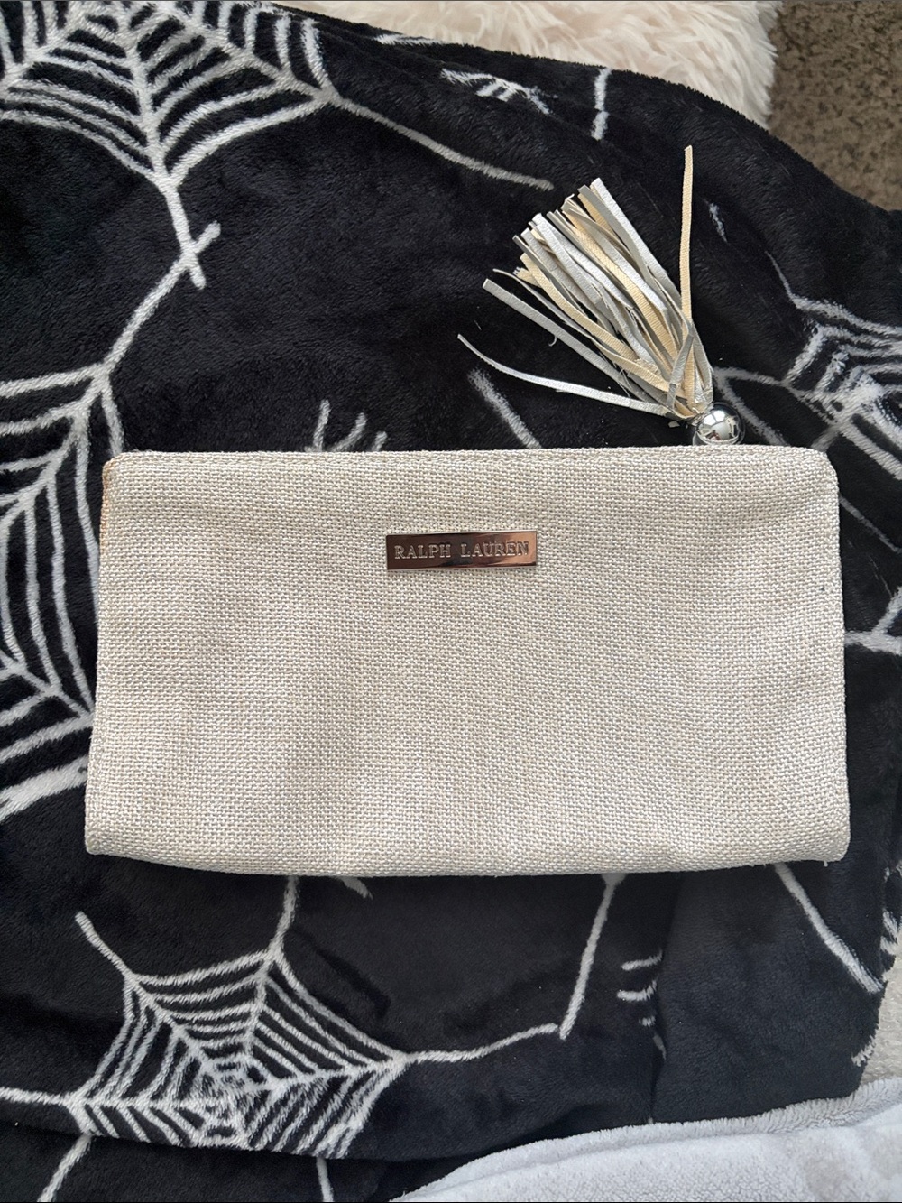 Ralph Lauren Beige Canvas Tassel Zip Cosmetic Pouch